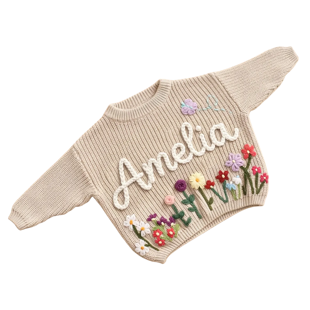 Custom Wildflower Baby Embroidered Knit Sweater, Custom Floral Baby Sweatshirt BB0798
