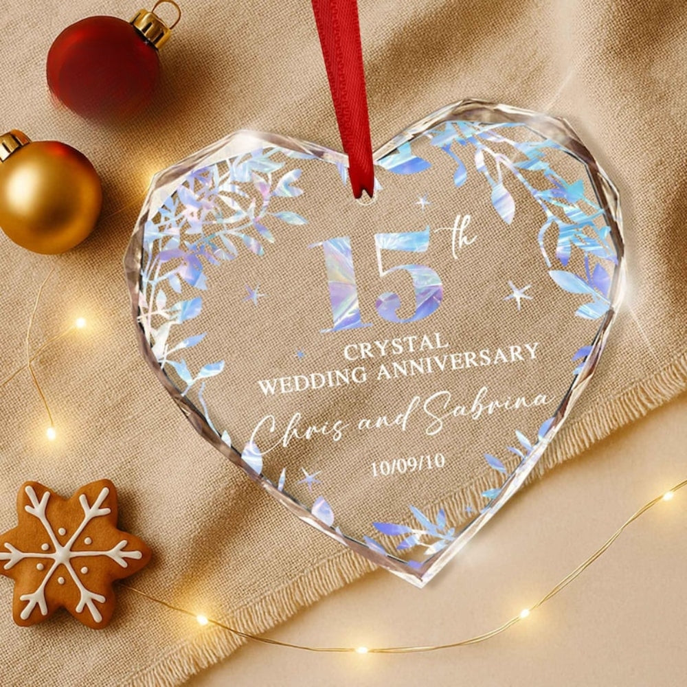 Personalized 15th Crystal Wedding Anniversary Glass Ornament, Personalized 15 Year Anniversary Ornament WD0014
