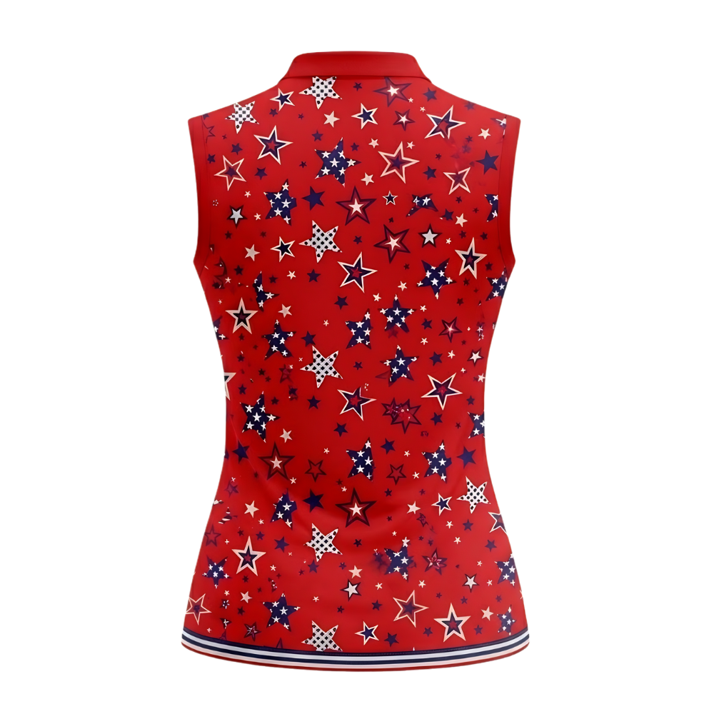 Women's Star American Flag Red Sleeveless Golf Shirt, 4th Of July Golf Shirts For Women GE0441