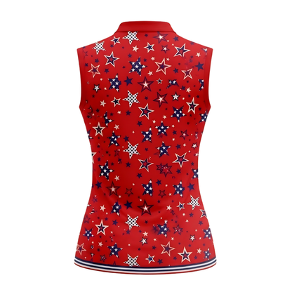 Women's Star American Flag Red Sleeveless Golf Shirt, 4th Of July Golf Shirts For Women GE0441