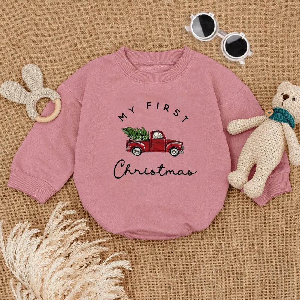 Red Truck My First Christmas Baby Romper Sweatshirt, Baby’s First Christmas Romper Sweatshirt BB0146