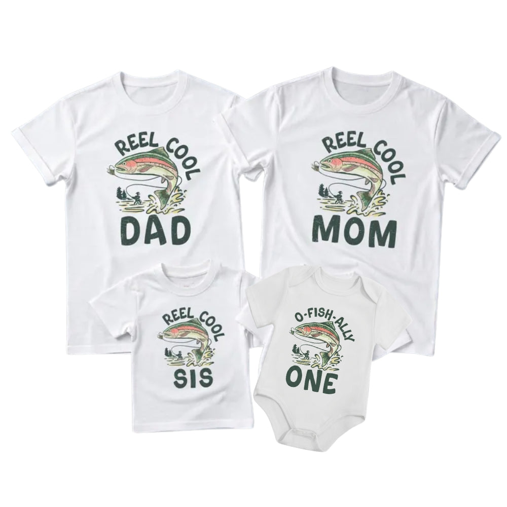 O-Fish-Ally One Reel Cool Dad Reel Cool Mom Matching 1st Birthday Family T Shirt, Matching Fishing First Birthday Family Shirts ET1062