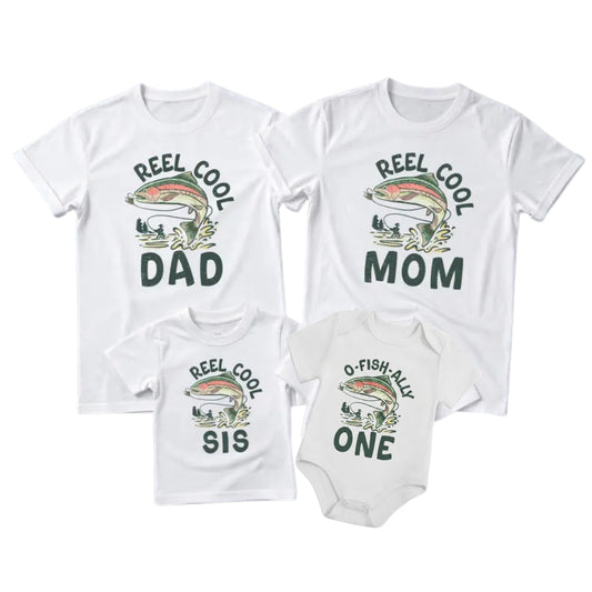 O-Fish-Ally One Reel Cool Dad Reel Cool Mom Matching 1st Birthday Family T Shirt, Matching Fishing First Birthday Family Shirts ET1062