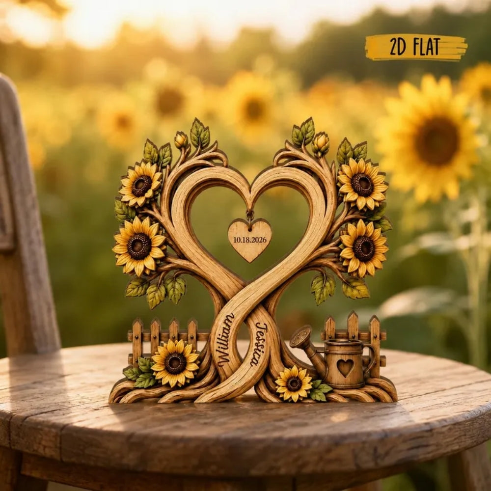 Custom Sunflower Couple Name Layer Wooden Plaque, Personalized Floral Wedding Keepsake Wooden Block WD0949