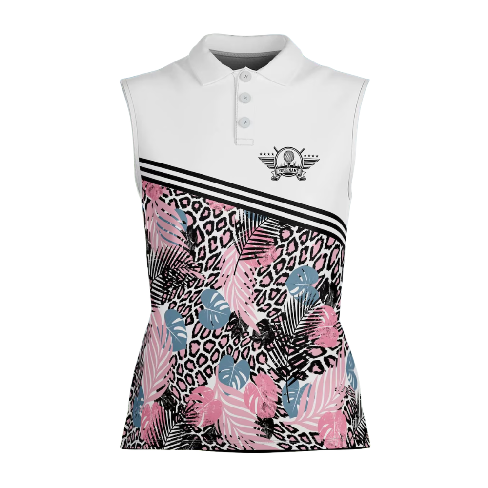Custom Pink Leopard Tropical Sleeveless Golf Shirt For Ladies, Women Custom Leopard Golf Shirts GE0517