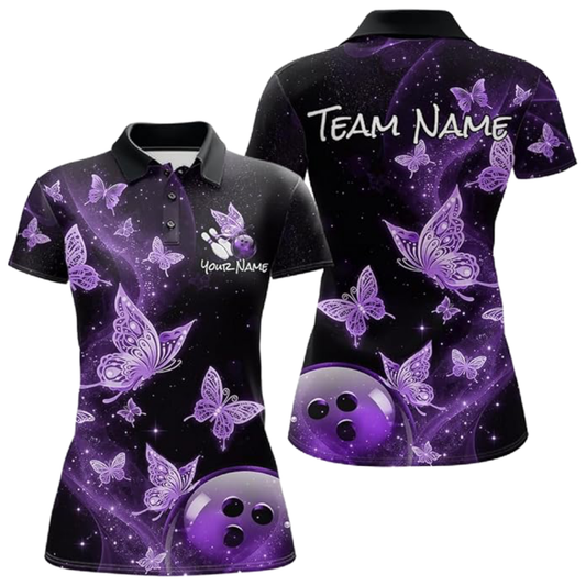 Butterflies Custom Womens Black Purple Bowling Polo Shirt, Custom Butterflies Team Bowling Shirt Ladies BZ0536