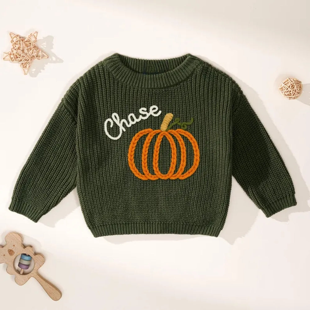 Custom Name Pumpkin Baby Embroidered Knit Sweater, Personalized Thanksgiving Baby Sweatshirt BB0762