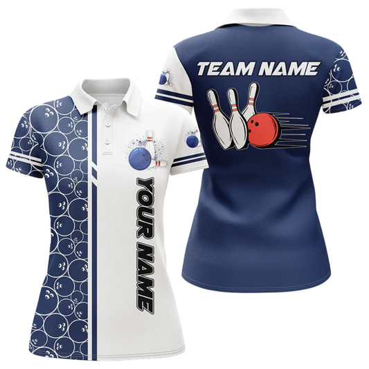 Custom Team Blue And White Women's Bowling Polo Shirt, Custom Bowling Team Shirts For Ladies BZ0493