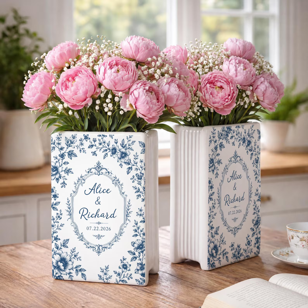 Personalized Toile De Jouy Floral Engaged Ceramic Book Vase, Custom Couple Name Engagement Book Vase WD0552