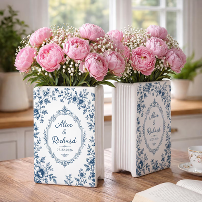 Personalized Toile De Jouy Floral Engaged Ceramic Book Vase, Custom Couple Name Engagement Book Vase WD0552