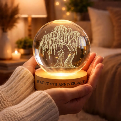 9th Wedding Anniversary Custom Willow Tree Crystal Ball Led Night Light, Custom 9 Years Anniversary Night Light WD0826