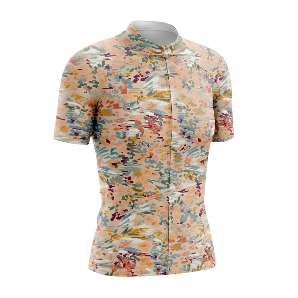 Blooming Flowers Cycling Short Sleeve Jersey Womens, Ladies Floral Beige Cycling Jersey CG0868