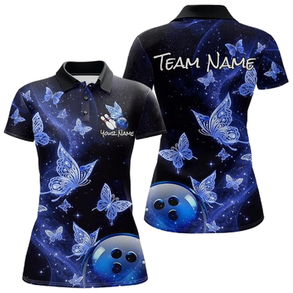 Butterflies Custom Womens Black Purple Bowling Polo Shirt, Custom Butterflies Team Bowling Shirt Ladies BZ0536
