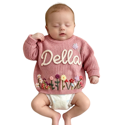 Custom Wildflower Baby Embroidered Knit Sweater, Custom Floral Baby Sweatshirt BB0798