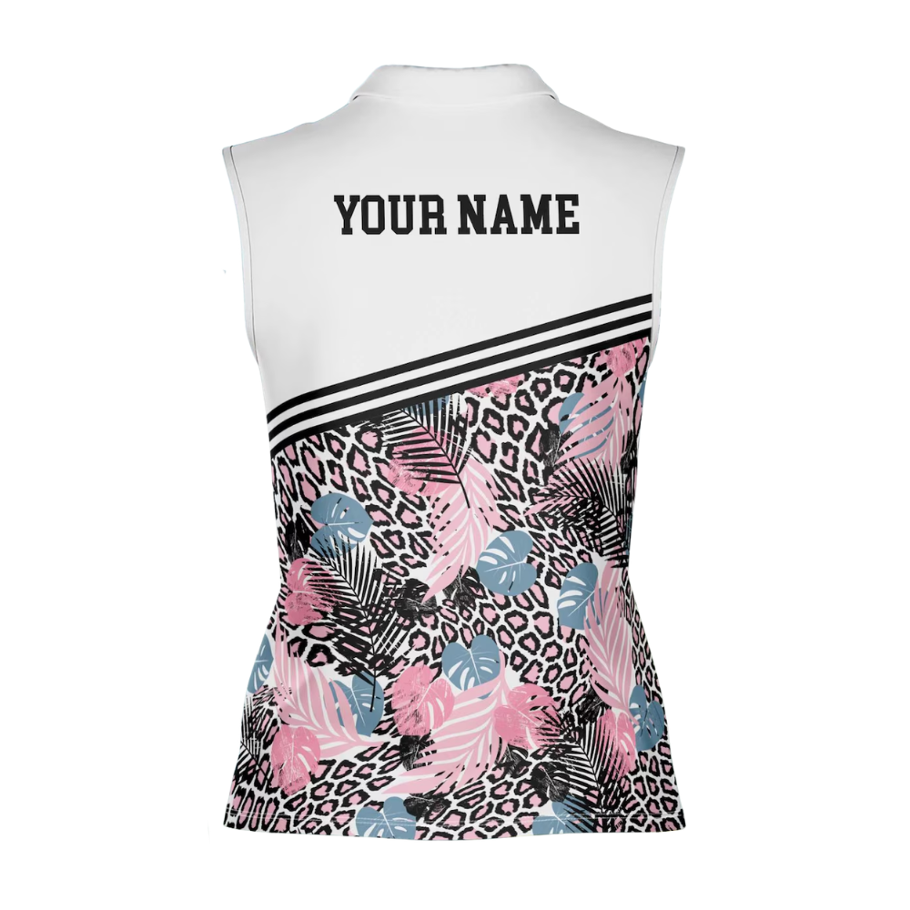 Custom Pink Leopard Tropical Sleeveless Golf Shirt For Ladies, Women Custom Leopard Golf Shirts GE0517
