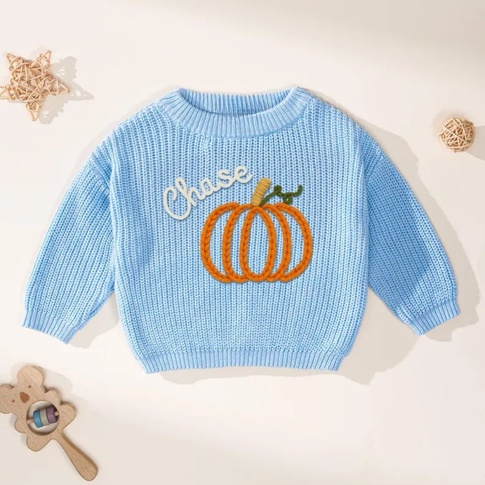 Custom Name Pumpkin Baby Embroidered Knit Sweater, Personalized Thanksgiving Baby Sweatshirt BB0762