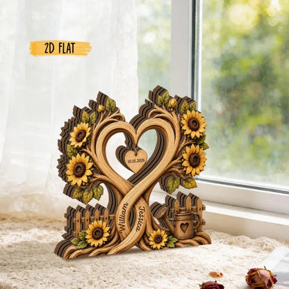 Custom Sunflower Couple Name Layer Wooden Plaque, Personalized Floral Wedding Keepsake Wooden Block WD0949