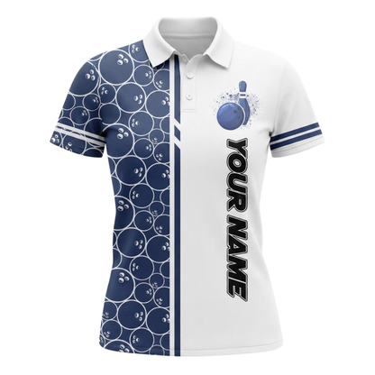 Custom Team Blue And White Women's Bowling Polo Shirt, Custom Bowling Team Shirts For Ladies BZ0493