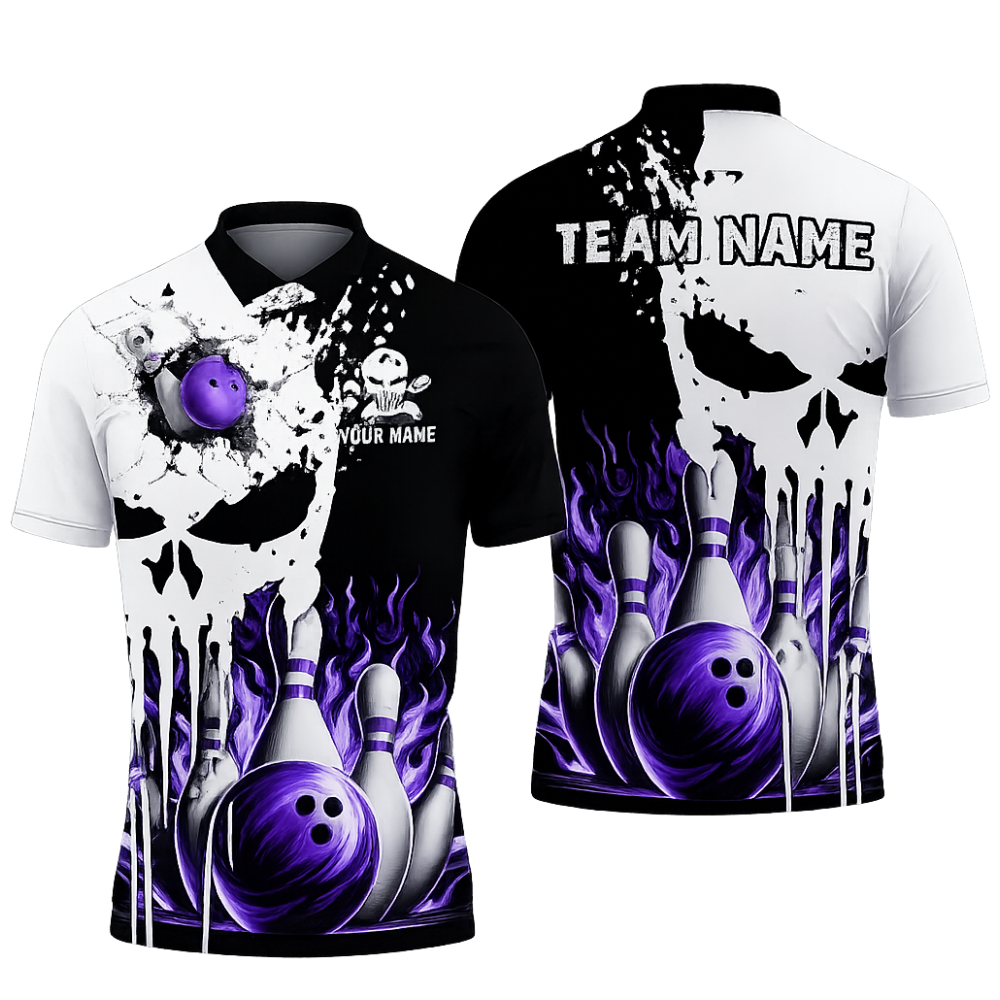 Custom Skeleton Mens Blue Flame Bowling Polo Shirt, Custom Skull Bowling Team Shirts BZ0464