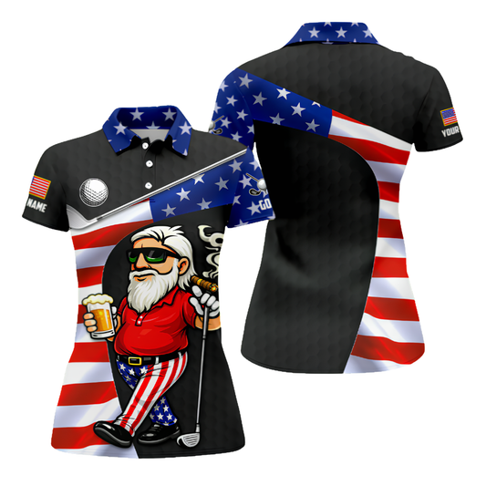 Funny Man & Beer USA Flag Women's Custom Golf Polo Shirt Black, Custom Patriotic 4th Of July Golf Shirts For Women GZ0269
