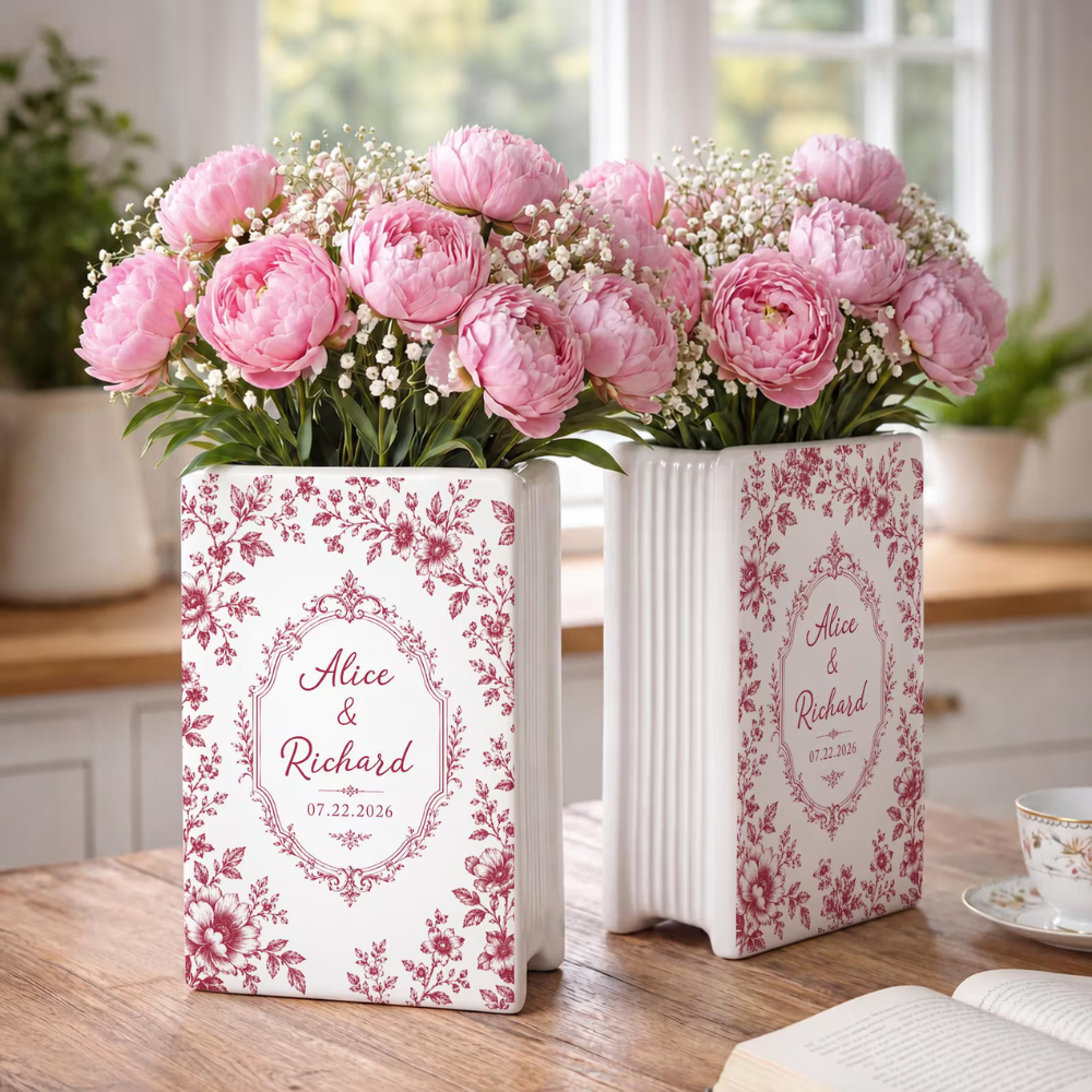 Personalized Toile De Jouy Floral Engaged Ceramic Book Vase, Custom Couple Name Engagement Book Vase WD0552