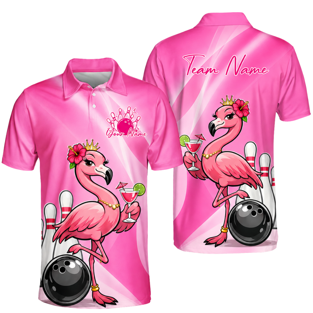 Custom Flamingo Pink Bowling Polo Shirt For Men, Custom Flamingo Bowling Team Shirts BZ0456