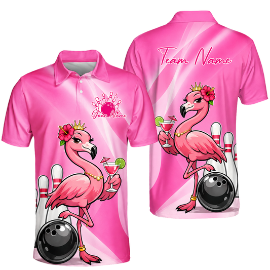 Custom Flamingo Pink Bowling Polo Shirt For Men, Custom Flamingo Bowling Team Shirts BZ0456