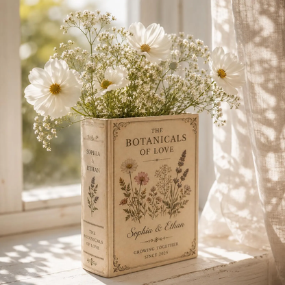 Custom The Botanicals Of Love Wedding Ceramic Book Vase, Custom Couple Name Floral Book Vase For Wedding Engagement Anniversary WD0564