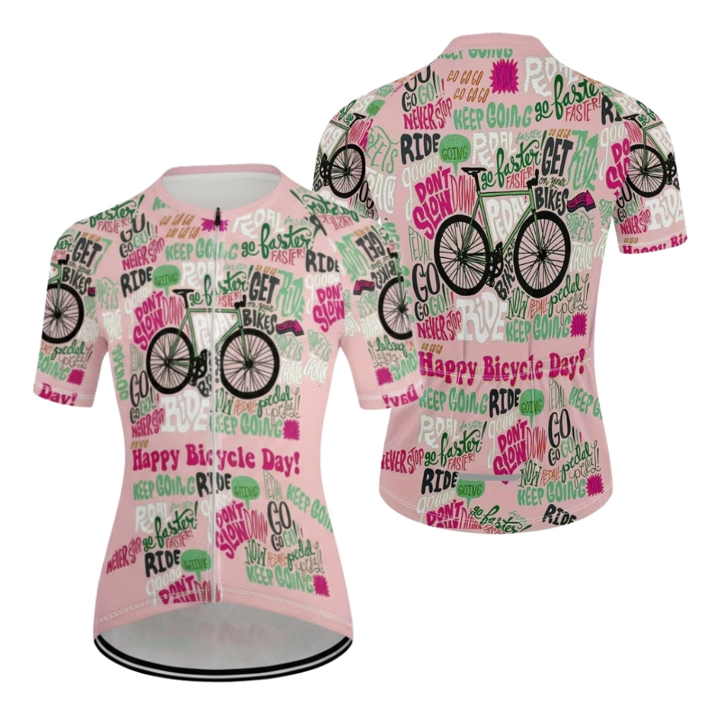 Happy Bicycle Day Don't Slow Womens Pink Cycling Short Sleeve Jersey, Funny Cycle Jersey For Womens CE0017