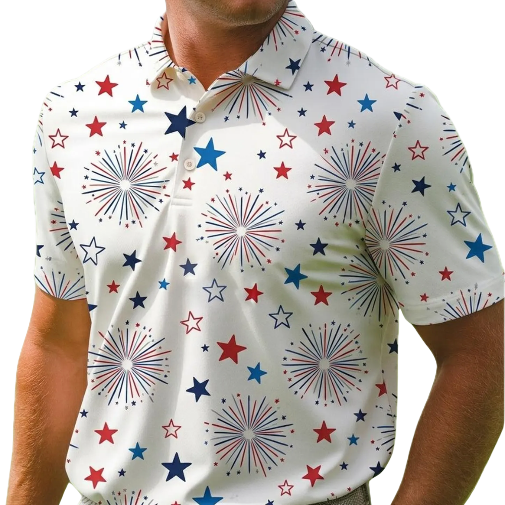 Firework Matching White Red Blue Couple Golf Polo Shirts, Matching 4th Of July Golf Shirts For His And Her GE0530