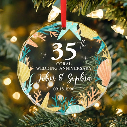 Custom 35th Coral Wedding Anniversary Glass Ornament, Custom 35th Anniversary Ornament WD0016