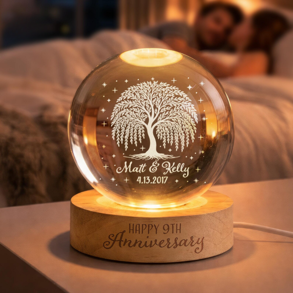 Happy 9th Anniversary Custom Willow Tree Crystal Ball Led Night Light, Personalized 9 Years Wedding Night Light WD0897