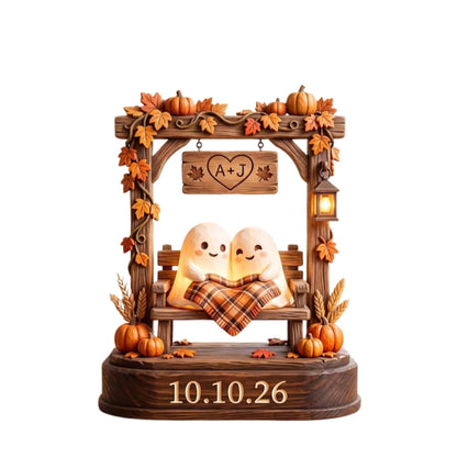 Ghost Couple Custom Pumpkin Wedding Wooden Block, Custom Wedding Halloween Wooden Plaque Keepsake WD0784
