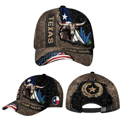 Custom Longhorn Texas Flag Baseball Cap, Custom Longhorn Cap Hat CP0469