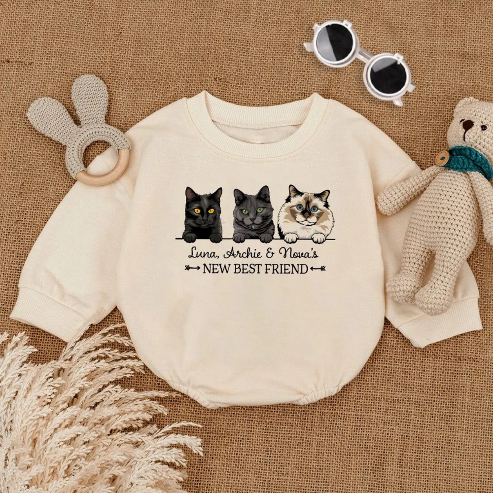 Custom Cat Name New Best Friend Baby Romper Sweatshirt, Personalized Cat Lover Baby Romper Sweatshirt BB0147