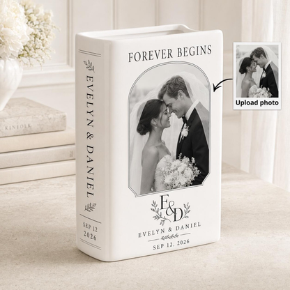 Forever Begins Custom Photo Wedding Ceramic Book Vase, Custom Wedding Book Vase With Photo WD0553