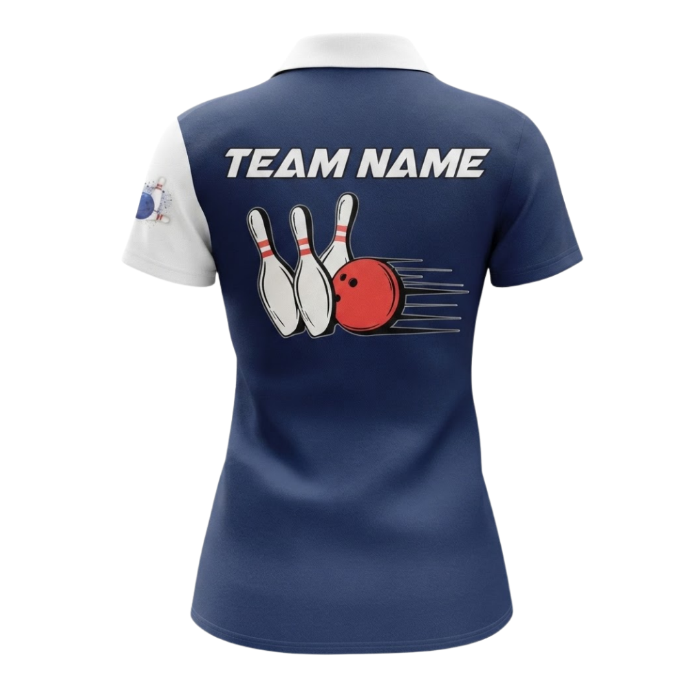 Custom Team Blue And White Women's Bowling Polo Shirt, Custom Bowling Team Shirts For Ladies BZ0493