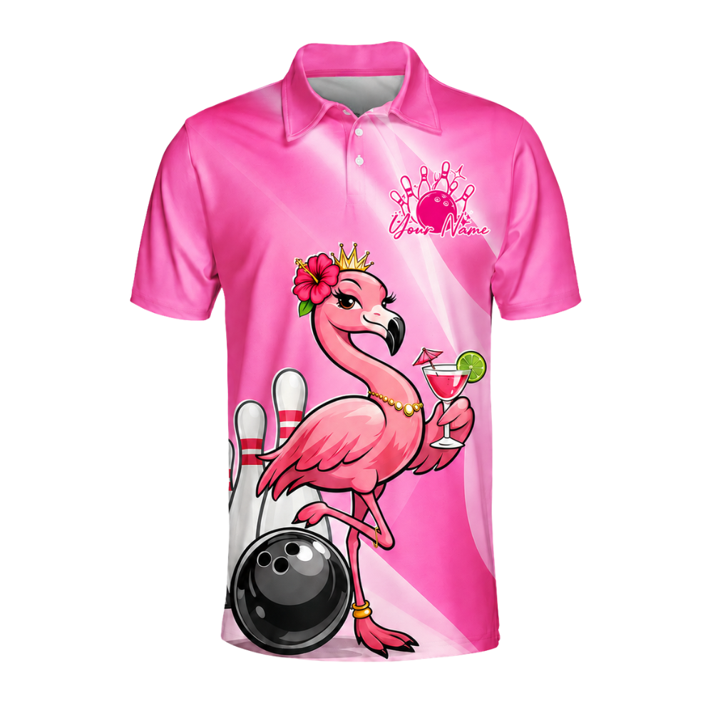 Custom Flamingo Pink Bowling Polo Shirt For Men, Custom Flamingo Bowling Team Shirts BZ0456