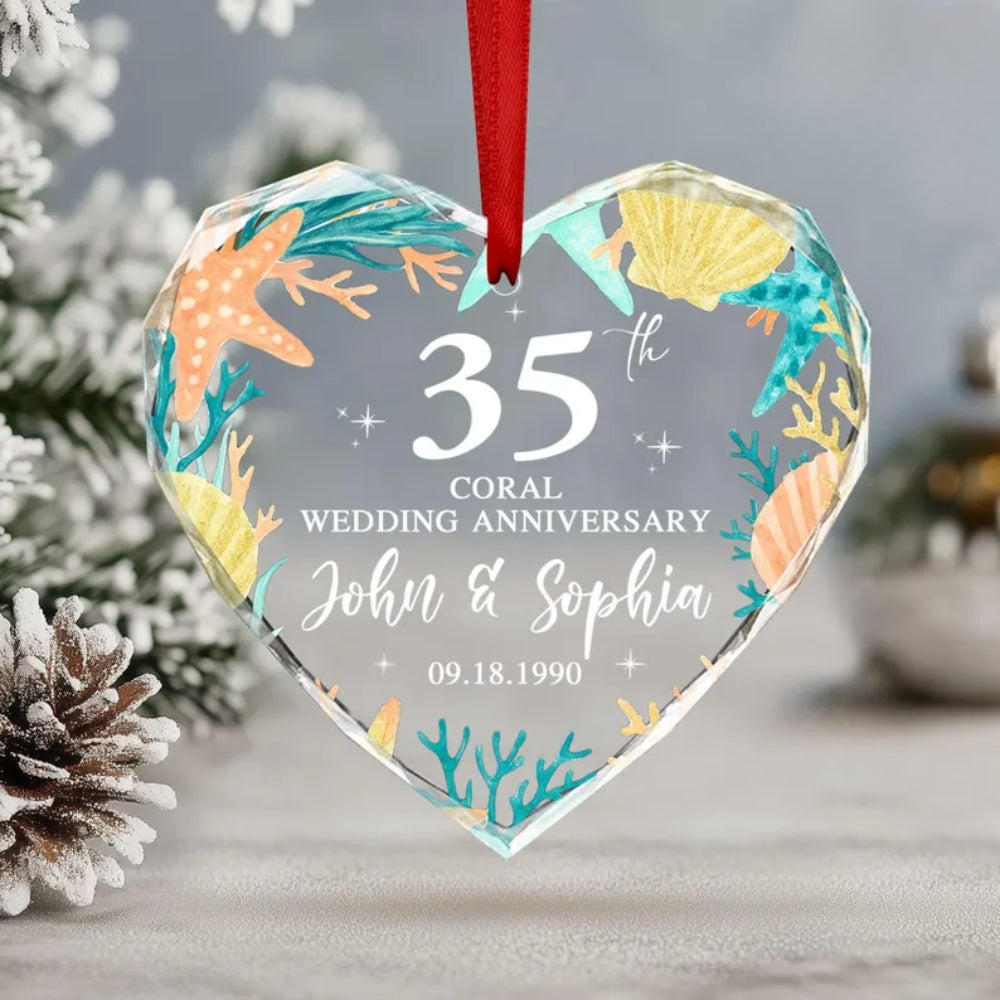 Custom 35th Coral Wedding Anniversary Glass Ornament, Custom 35th Anniversary Ornament WD0016