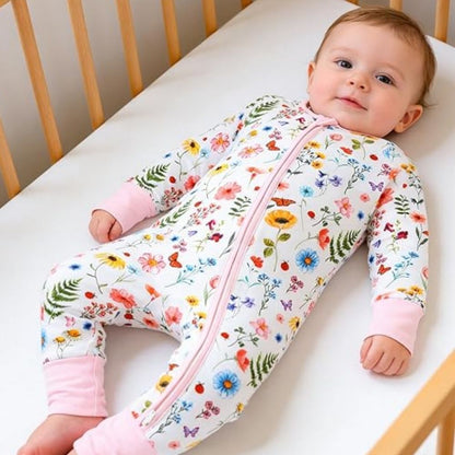 Butterflies Flowers Baby Pink Convertible Zippy Romper, Floral Baby Convertible Romper BB0386