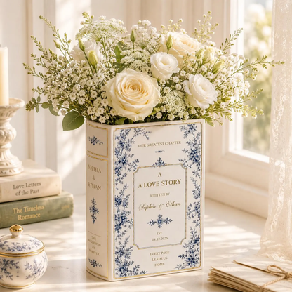 Custom Couple Name Toile De Jouy Ceramic Book Vase For Wedding Engagement, Custom Wedding Book Vase WD0565