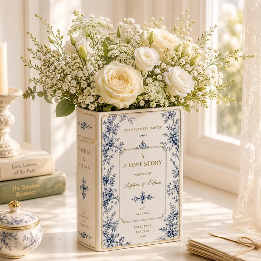Custom Couple Name Toile De Jouy Ceramic Book Vase For Wedding Engagement, Custom Wedding Book Vase WD0565