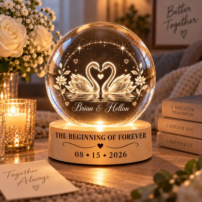 The Beginning Of Forever Custom Swan Couple Crystal Ball Led Night Light, Custom Wedding Anniversary Night Light WD0898