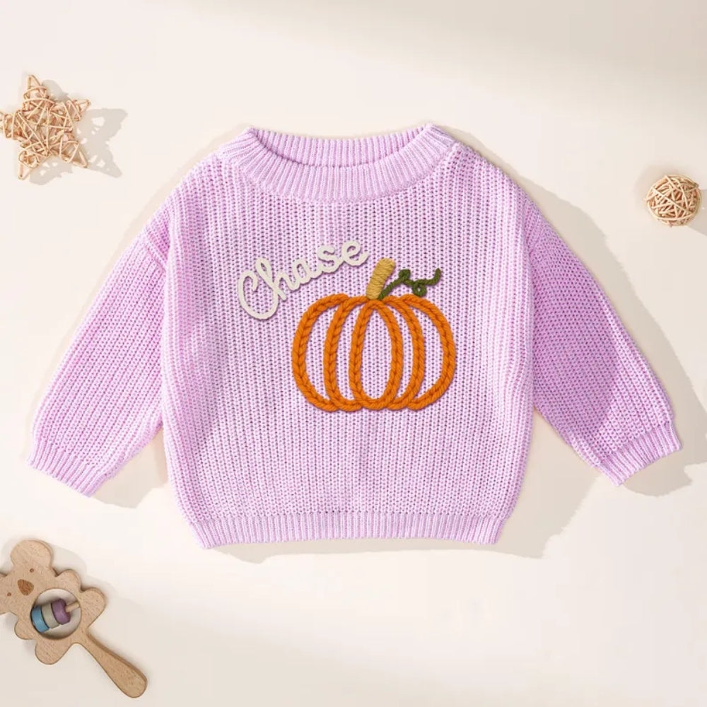 Custom Name Pumpkin Baby Embroidered Knit Sweater, Personalized Thanksgiving Baby Sweatshirt BB0762