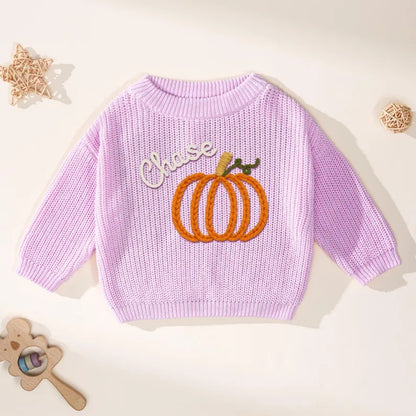 Custom Name Pumpkin Baby Embroidered Knit Sweater, Personalized Thanksgiving Baby Sweatshirt BB0762