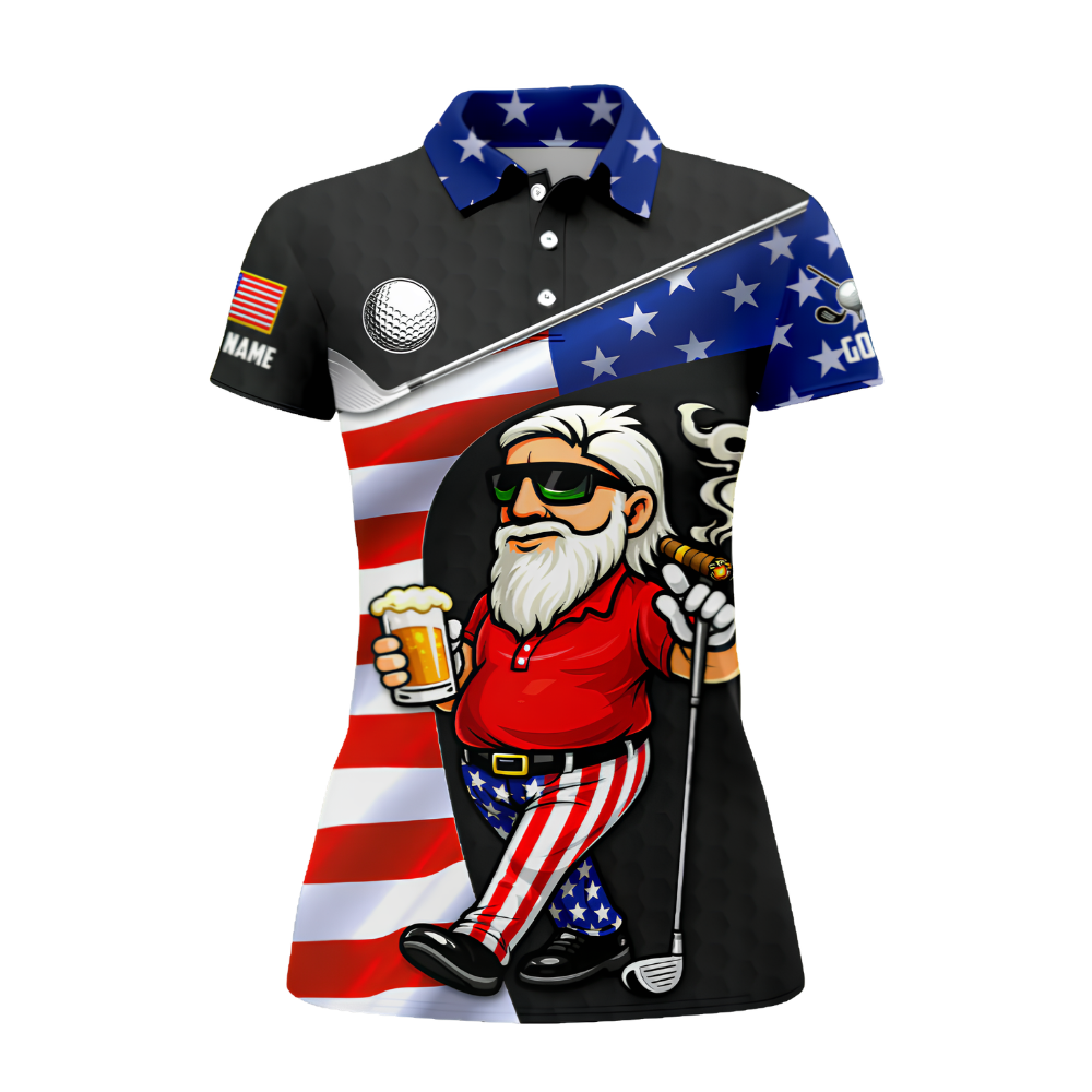 Funny Man & Beer USA Flag Women's Custom Golf Polo Shirt Black, Custom Patriotic 4th Of July Golf Shirts For Women GZ0269