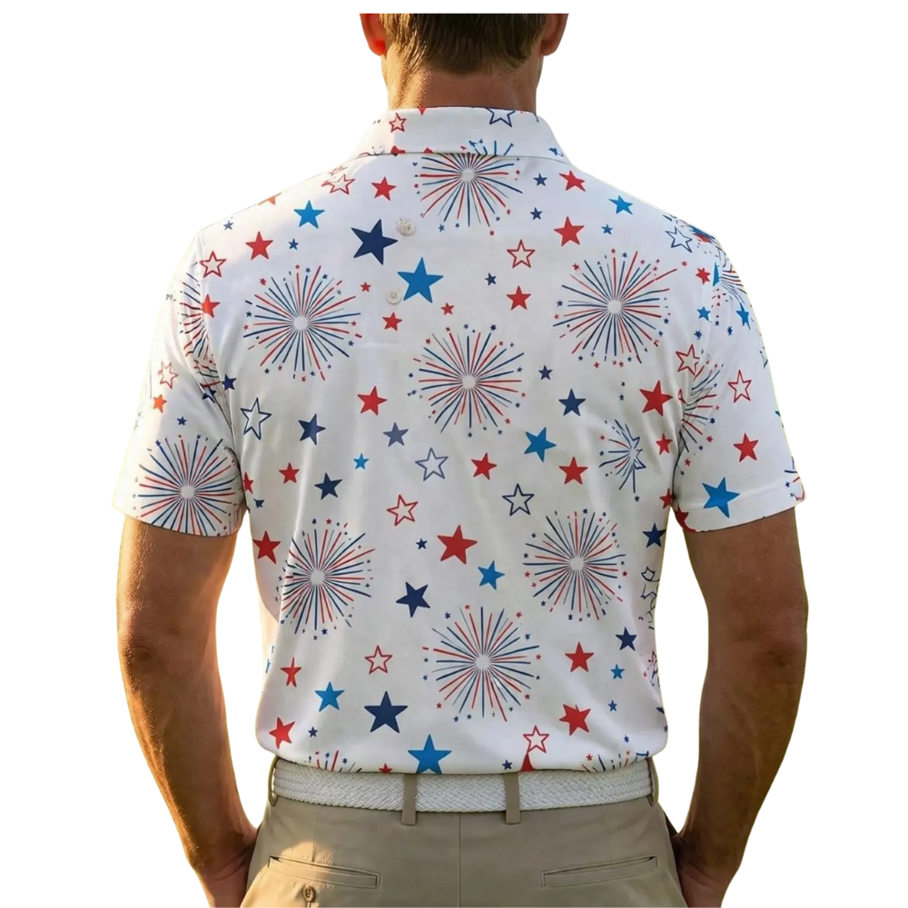 Firework Matching White Red Blue Couple Golf Polo Shirts, Matching 4th Of July Golf Shirts For His And Her GE0530