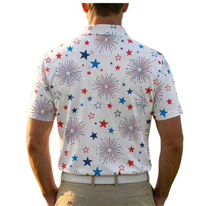 Firework Matching White Red Blue Couple Golf Polo Shirts, Matching 4th Of July Golf Shirts For His And Her GE0530
