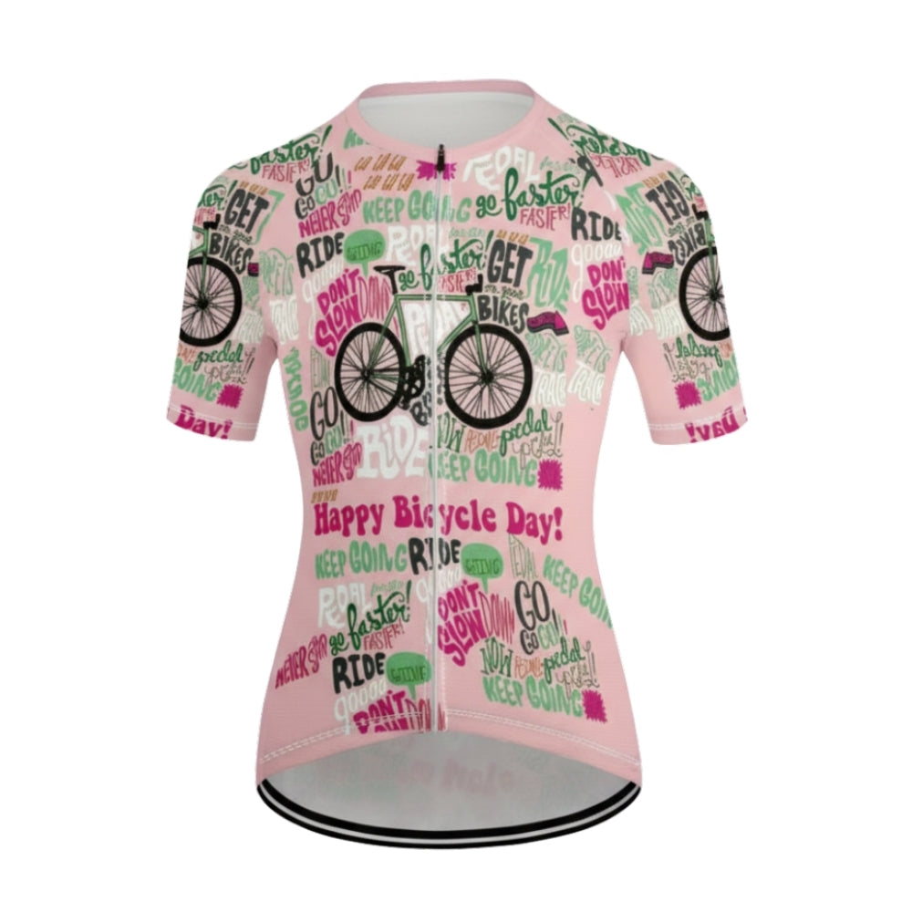 Happy Bicycle Day Don't Slow Womens Pink Cycling Short Sleeve Jersey, Funny Cycle Jersey For Womens CE0017