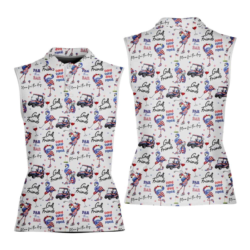 Flamingo American Flag Women's Sleeveless Golf Shirt, Flamingo 4th Of July Golf Shirts GE0518